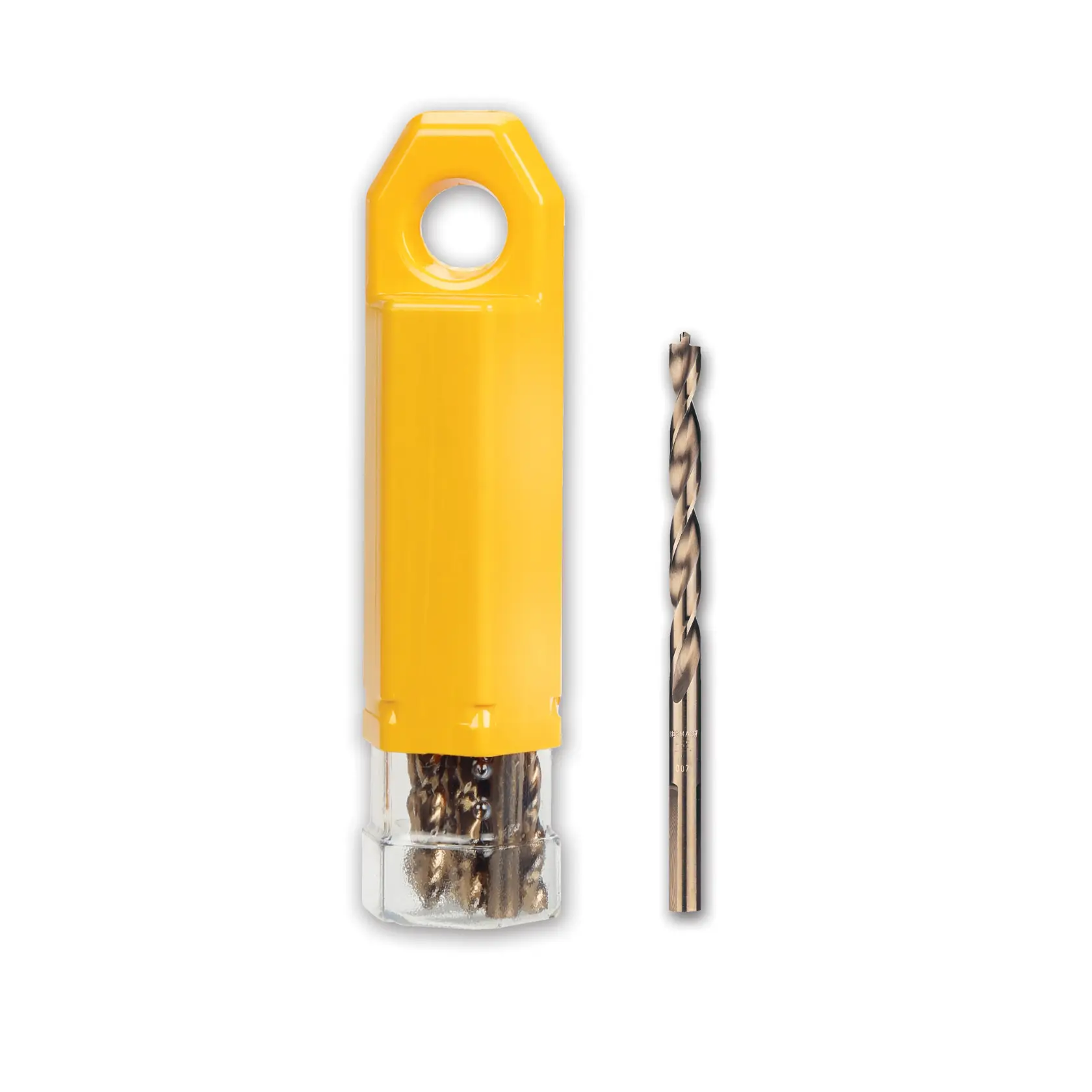 Juego de brocas DEWALT en caja amarilla junto a una broca metálica sobre fondo blanco.