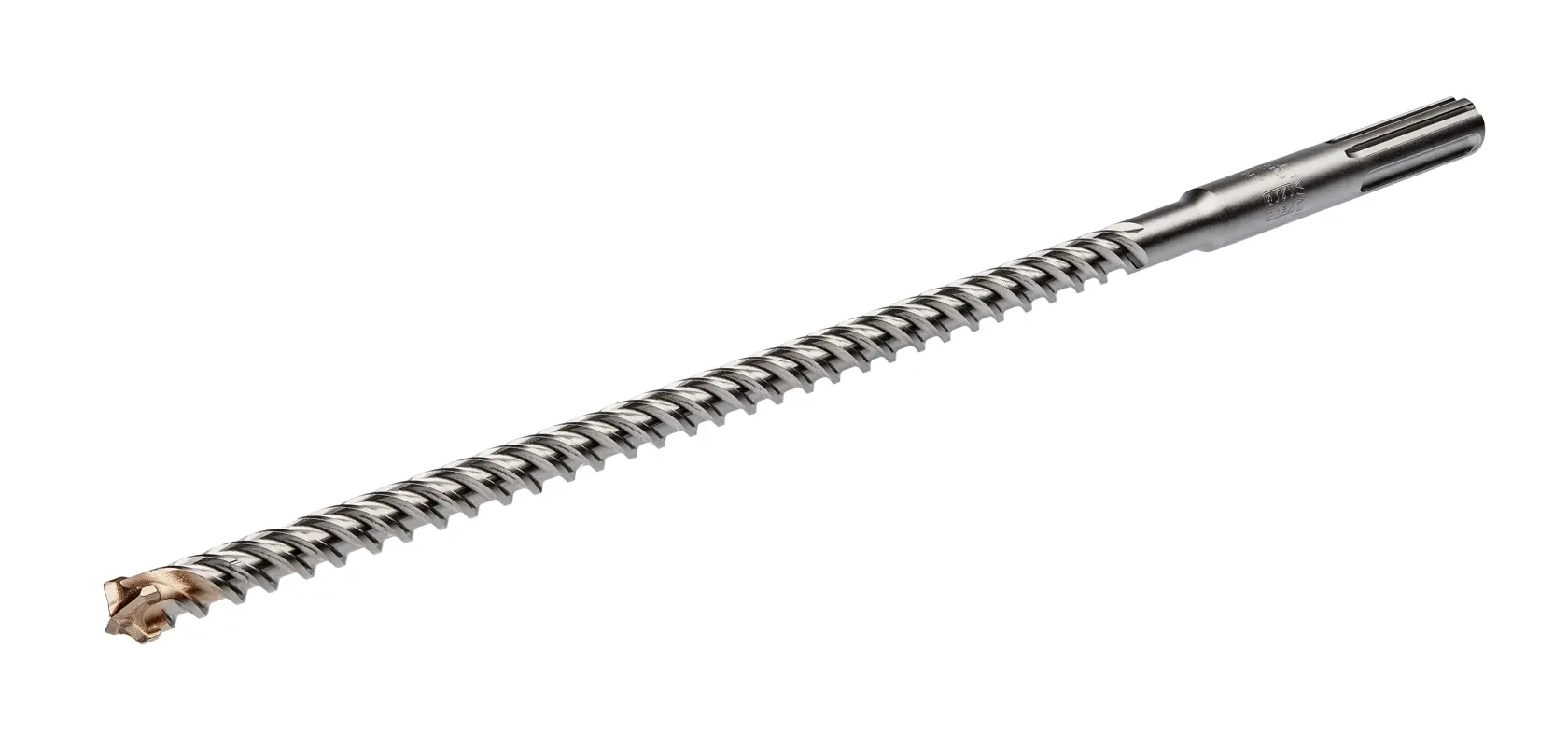 Ein DEWALT SDS Max-Bohrer mit Spiralnut und Hartmetallspitze, geeignet für schwere Bohrungen in Beton und Mauerwerk, dargestellt vor weißem Hintergrund.