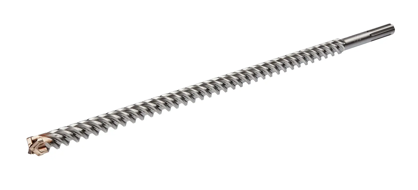 Una broca para mampostería DEWALT DT60830 SDS max con eje estriado en espiral y punta de carburo, diseñada para perforar hormigón y piedra.