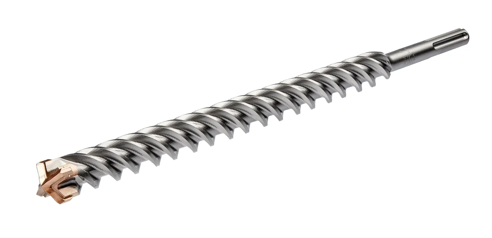 Una broca SDS DEWALT con diseño en espiral y punta de carburo, mostrada sobre fondo blanco.