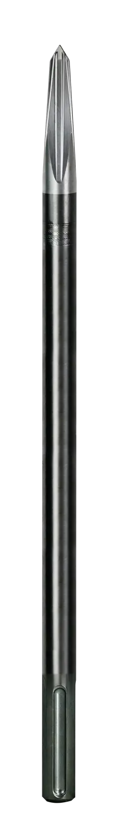 Cincel metálico largo con punta afilada para martillo rotatorio, mostrado sobre fondo blanco.