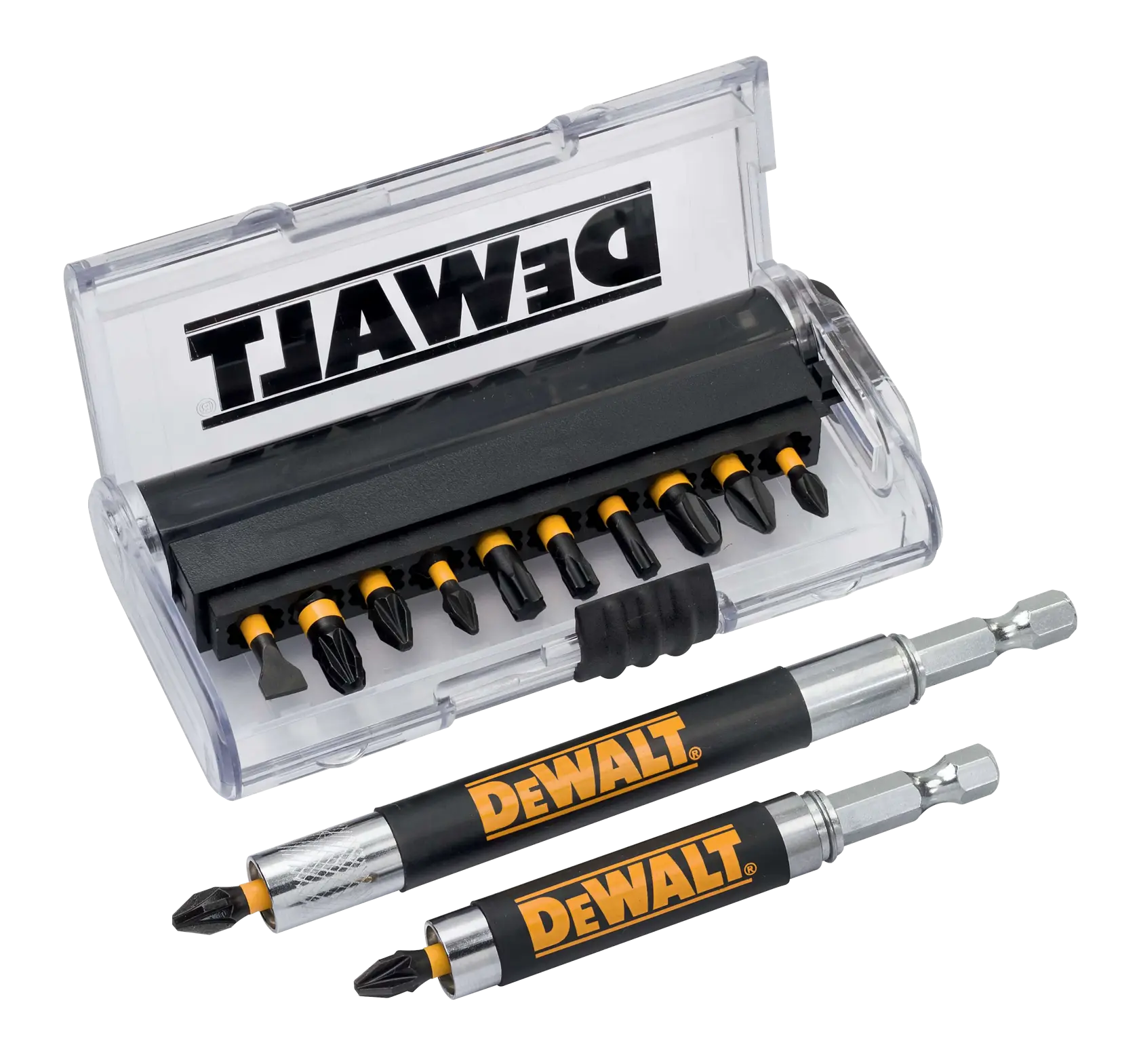 Juego de puntas DEWALT en caja transparente con dos portapuntas para herramientas eléctricas.
