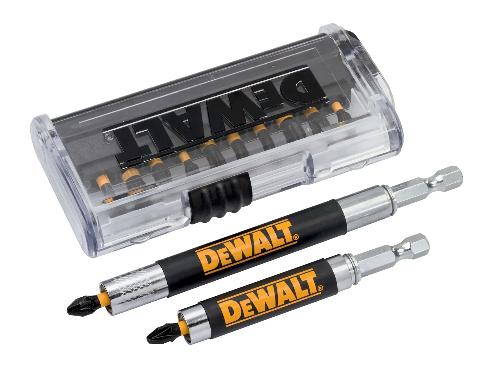 Juego de puntas DEWALT con estuche transparente y dos extensiones etiquetadas para herramientas eléctricas.
