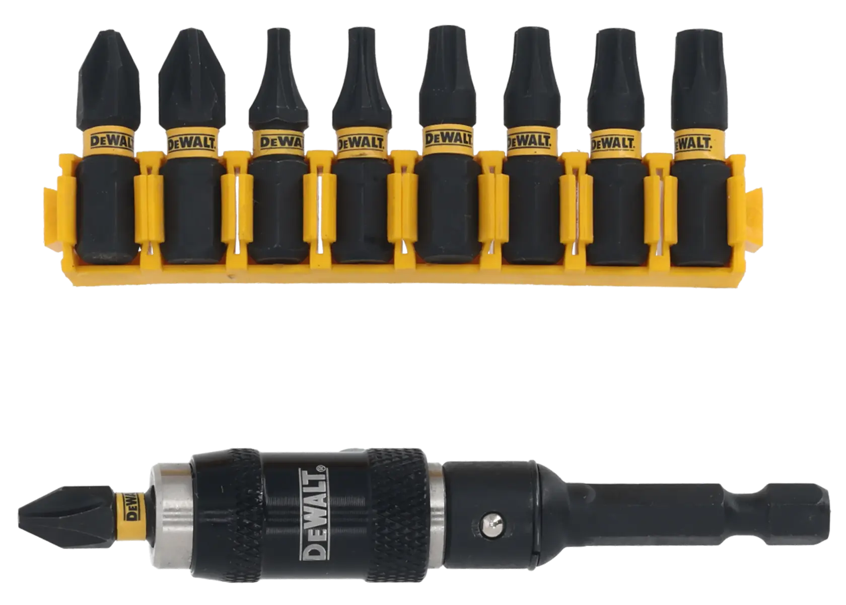 Juego de puntas DEWALT con soporte y adaptador magnético.