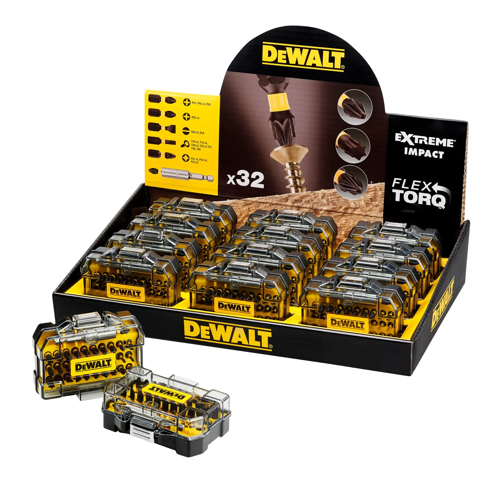 Expositor DEWALT DT70523TM FlexTorq con varias cajas de puntas amarillas y negras y embalaje.