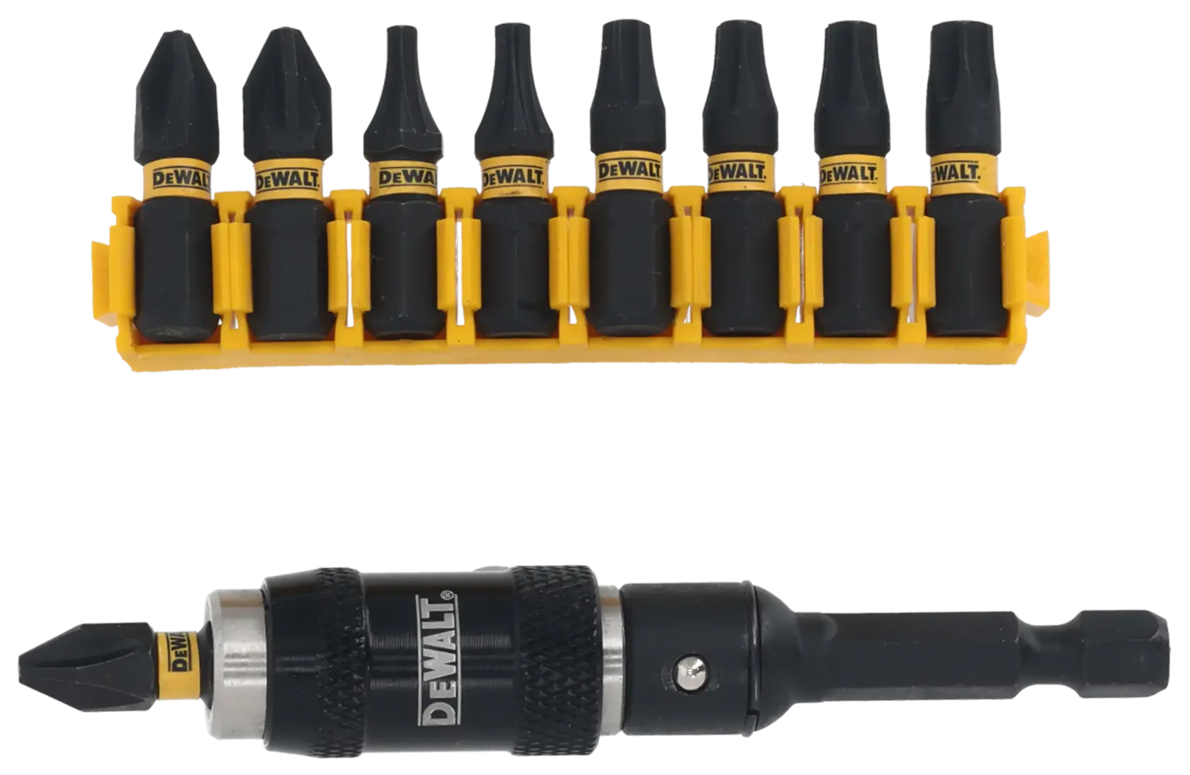 DEWALT bit set with holder and driver, SKUs DT70578T, DT70578T-QZ. Compact photography product display.