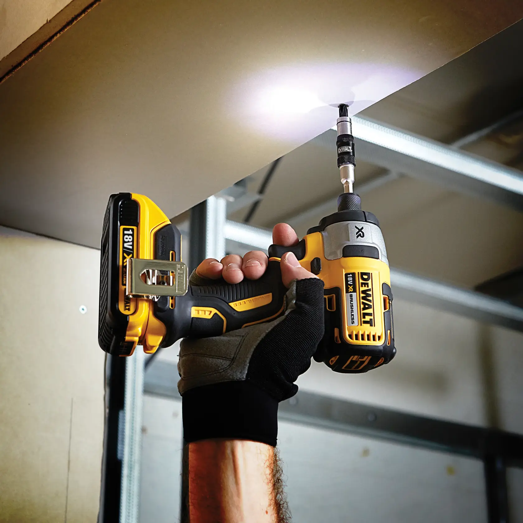 DEWALT drill used on ceiling, DT70578T and DT70578T-QZ SKUs visible. Photography product, EMEAANZ region.