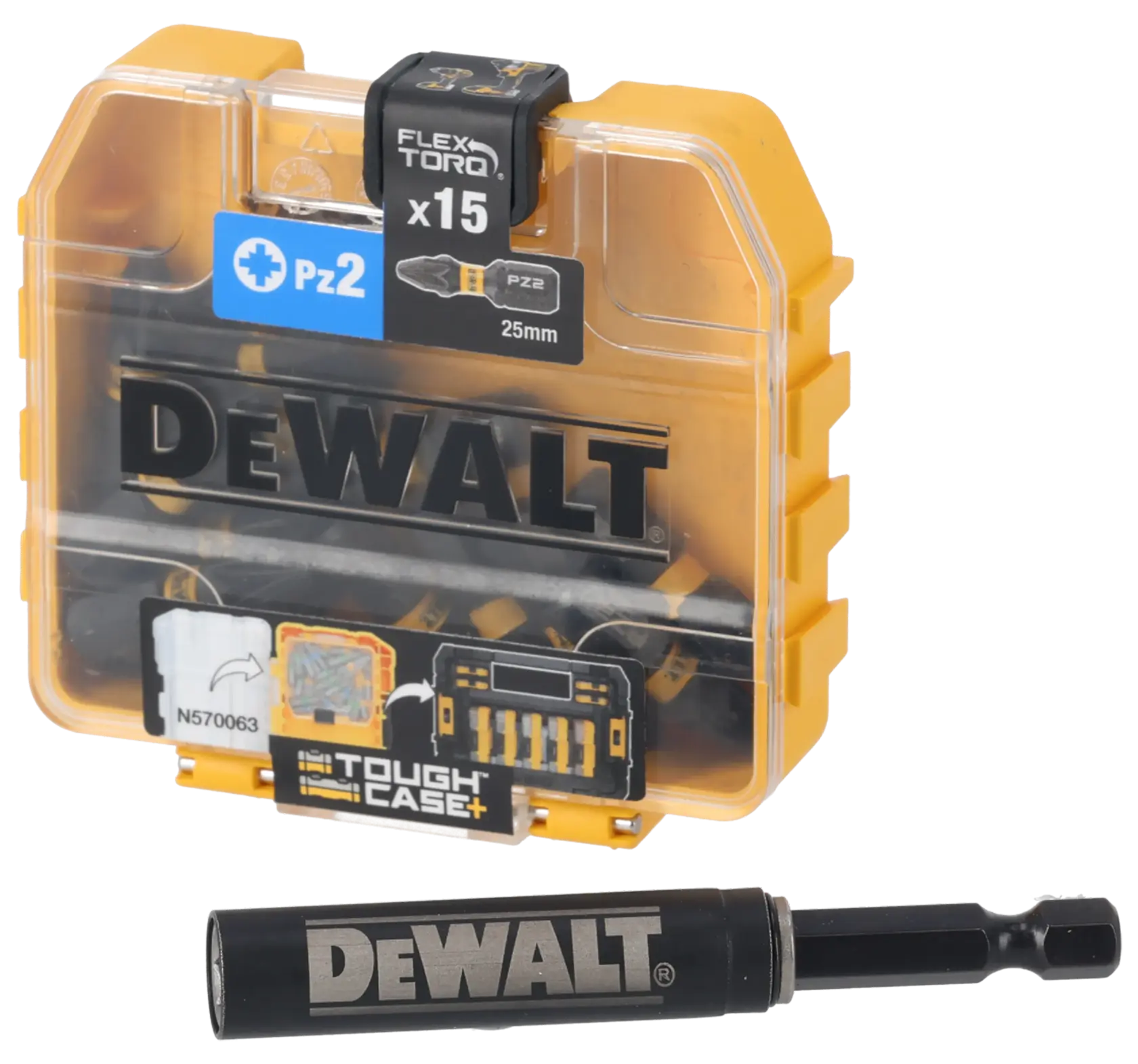 Un ToughCase+ DEWALT que contiene 15 puntas de destornillador PZ2 de 25 mm, mostrado con un portapuntas FlexTorq en la parte frontal. La caja es amarilla y transparente, mostrando el logotipo DEWALT de manera visible.