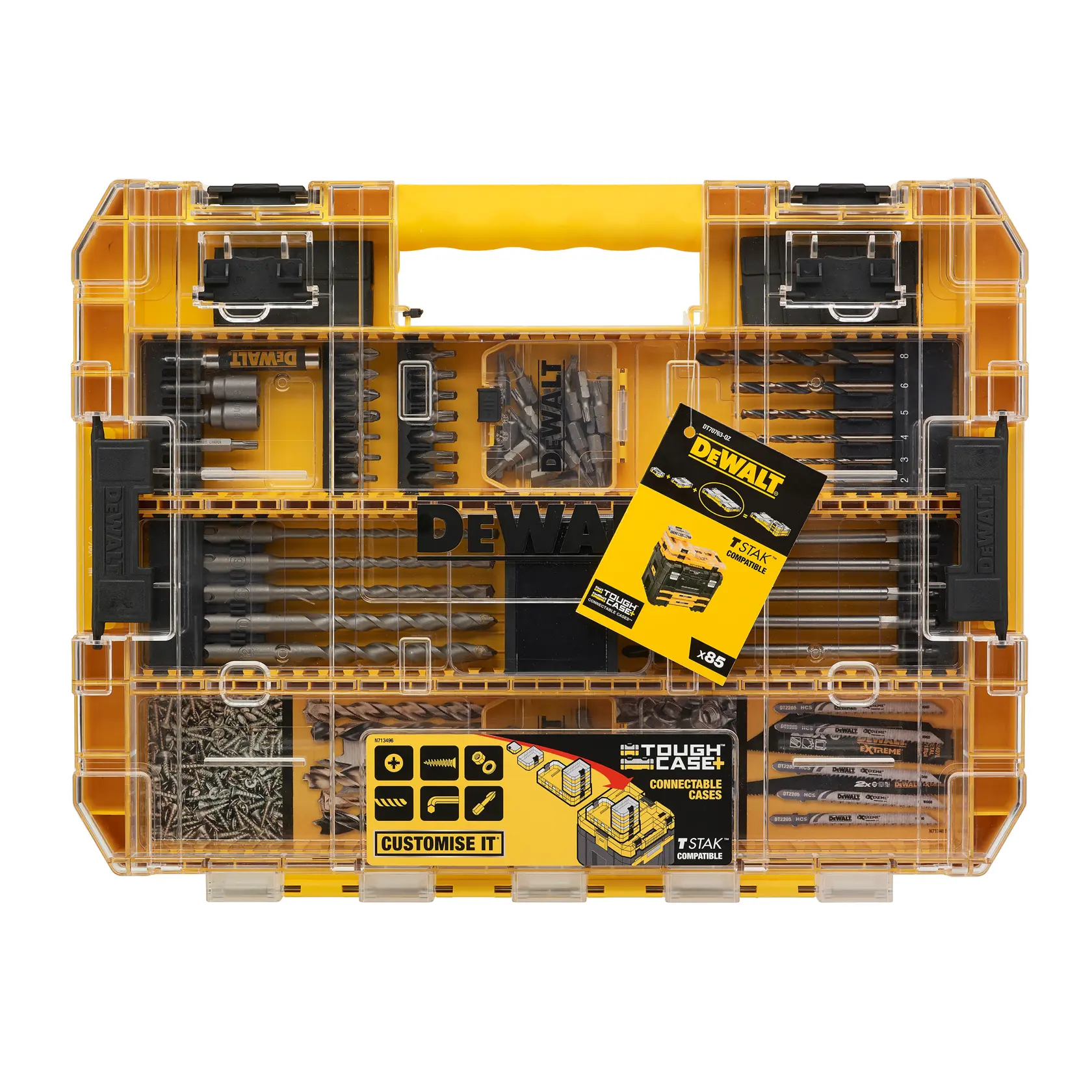 DEWALT Bohr- und Bit-Set in gelbem transparentem Koffer mit Fächern und gelbem Produktblatt.