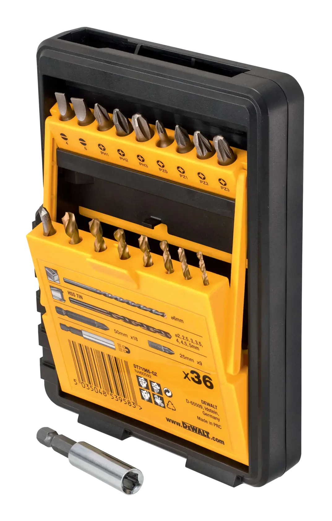 Estuche rígido amarillo-negro DEWALT con juego de brocas y puntas, incluye portapuntas.