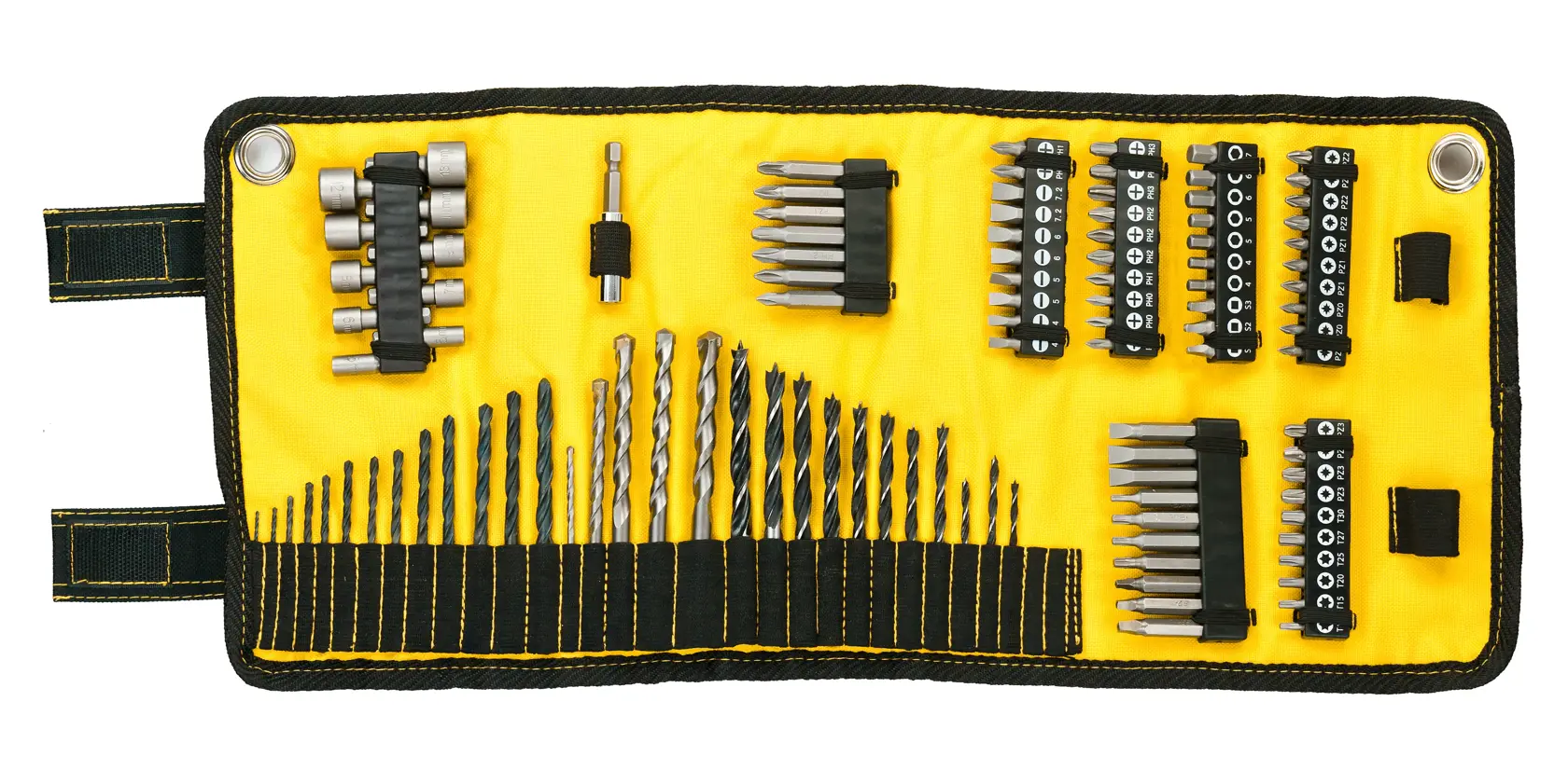 Juego DEWALT DT7981 de brocas y puntas en estuche amarillo desplegado, organizado en filas.