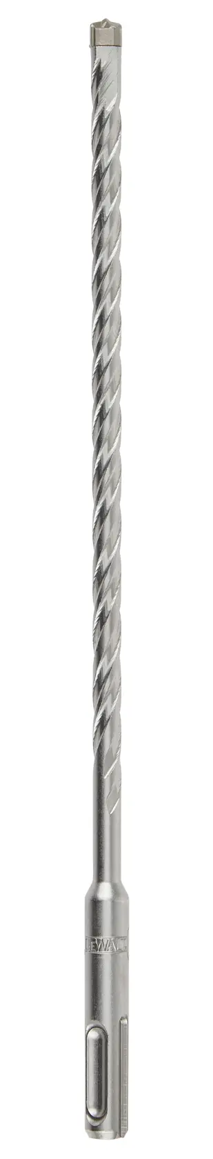 Broca larga plateada DEWALT con espiral, diseñada para perforar mampostería y concreto.