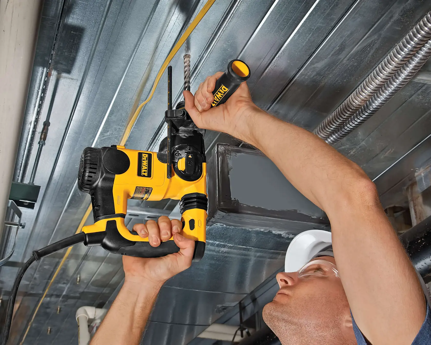 Graphic showing DEWALT XTREME Sub-Compact Series branding with the slogan 'Compact and Performance Packed' on a yellow background.