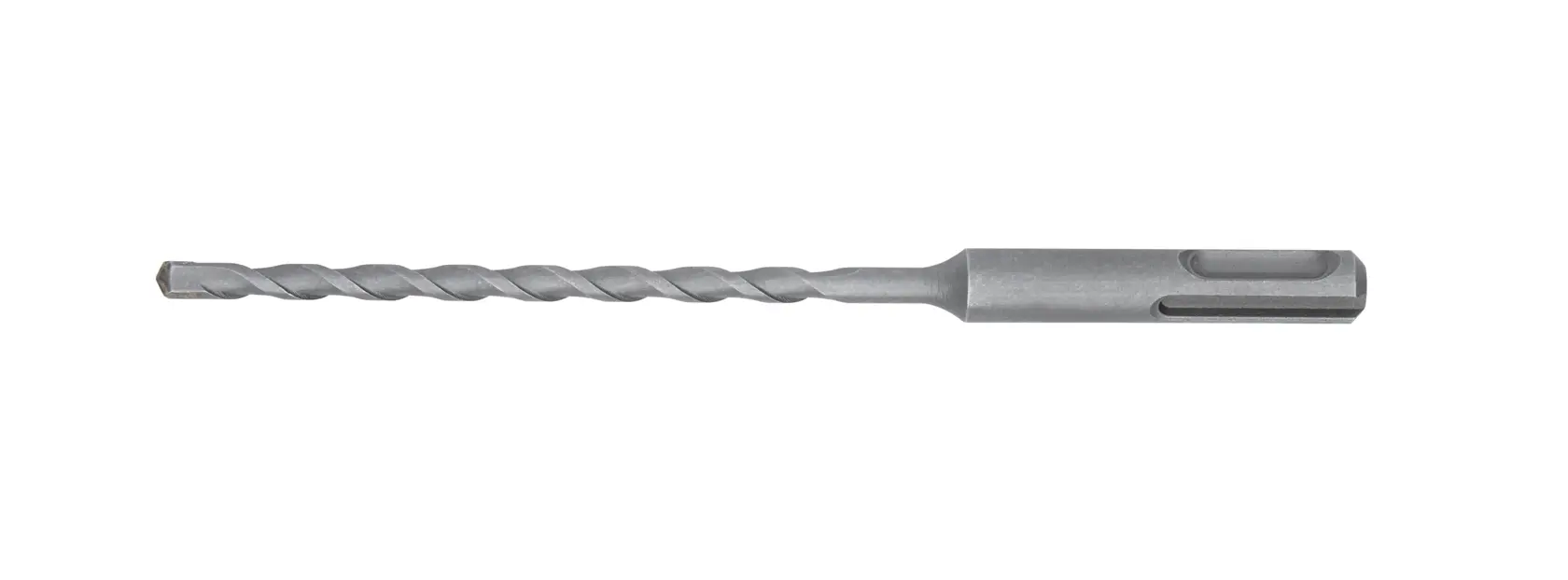A metal SDS drill bit with spiral fluting, shown on a white background.