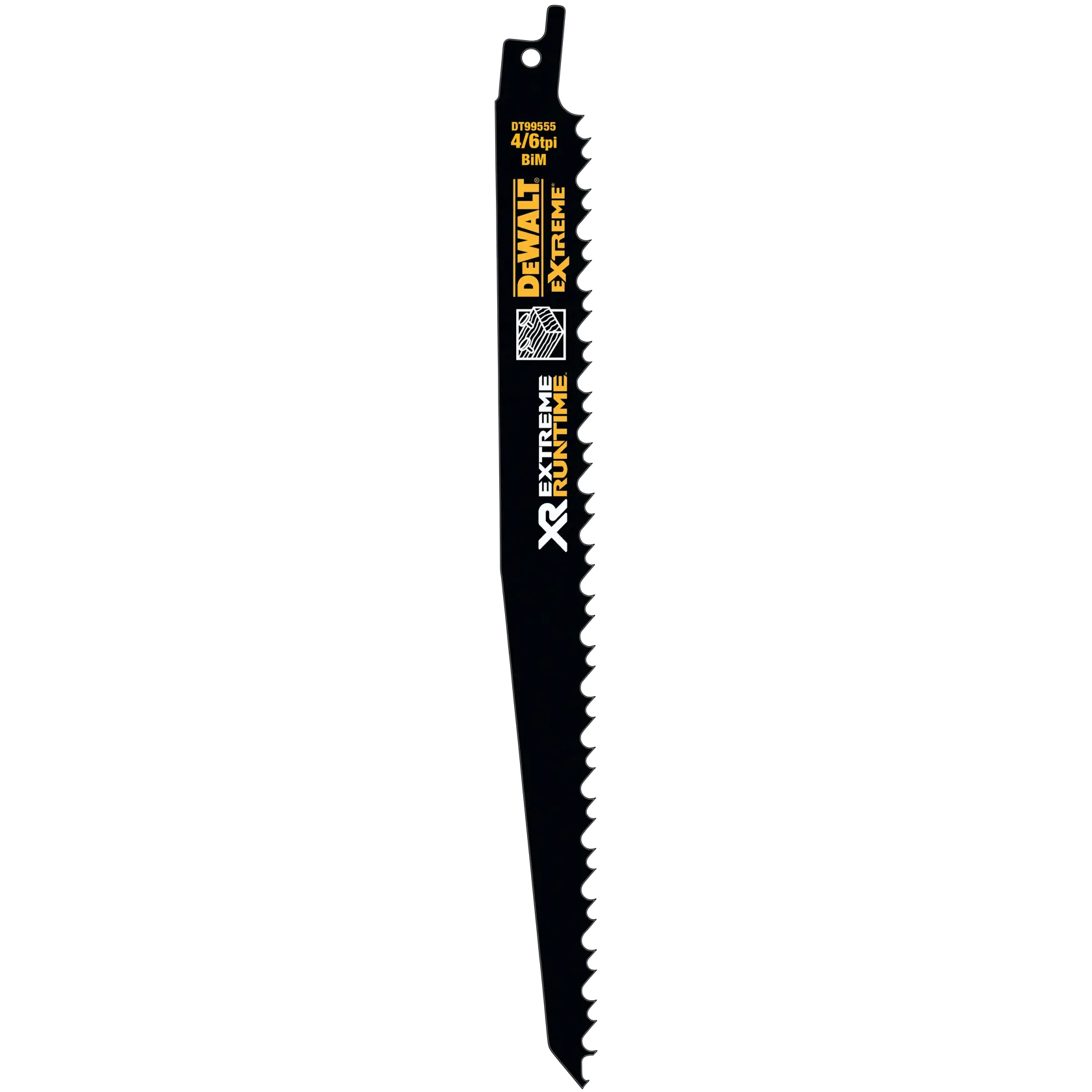 Hoja de sierra negra DEWALT DT99555 con dientes afilados y logo, usada para cortar materiales.
