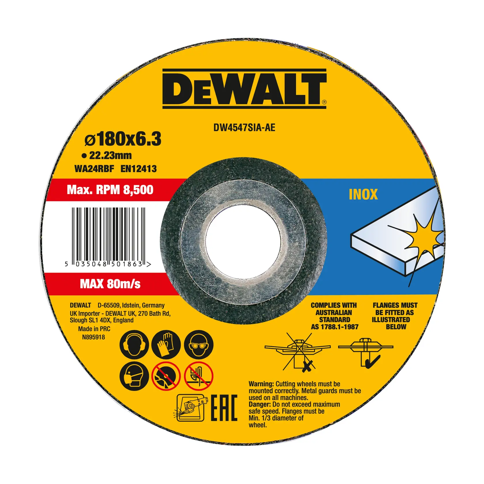 Tarcza ścierna spojona do stali nierdzewnej DEWALT® o wymiarach 180 mm x 6 mm x 22,23 mm