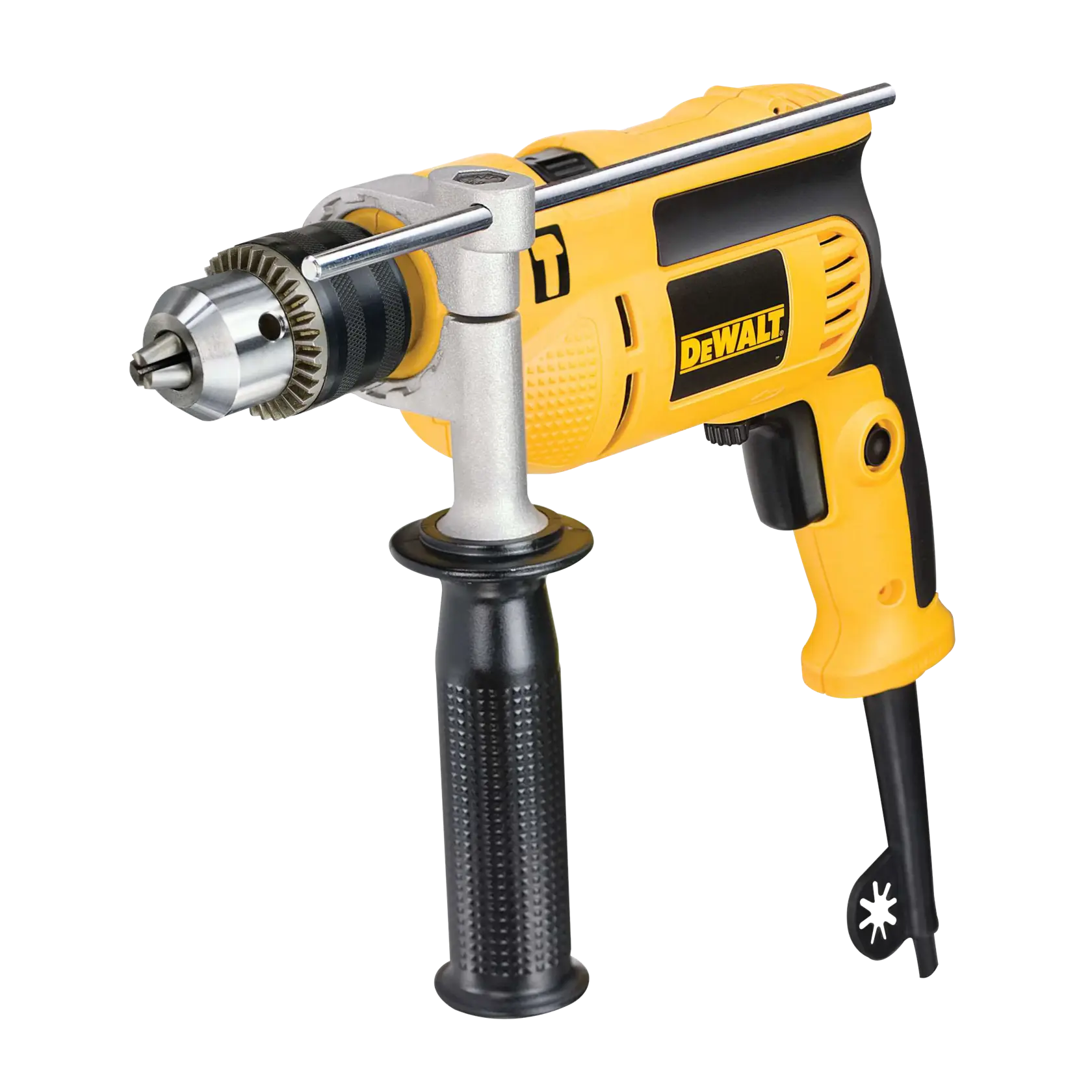 A yellow and black DEWALT electric drill with a side handle and a metal chuck key attached.