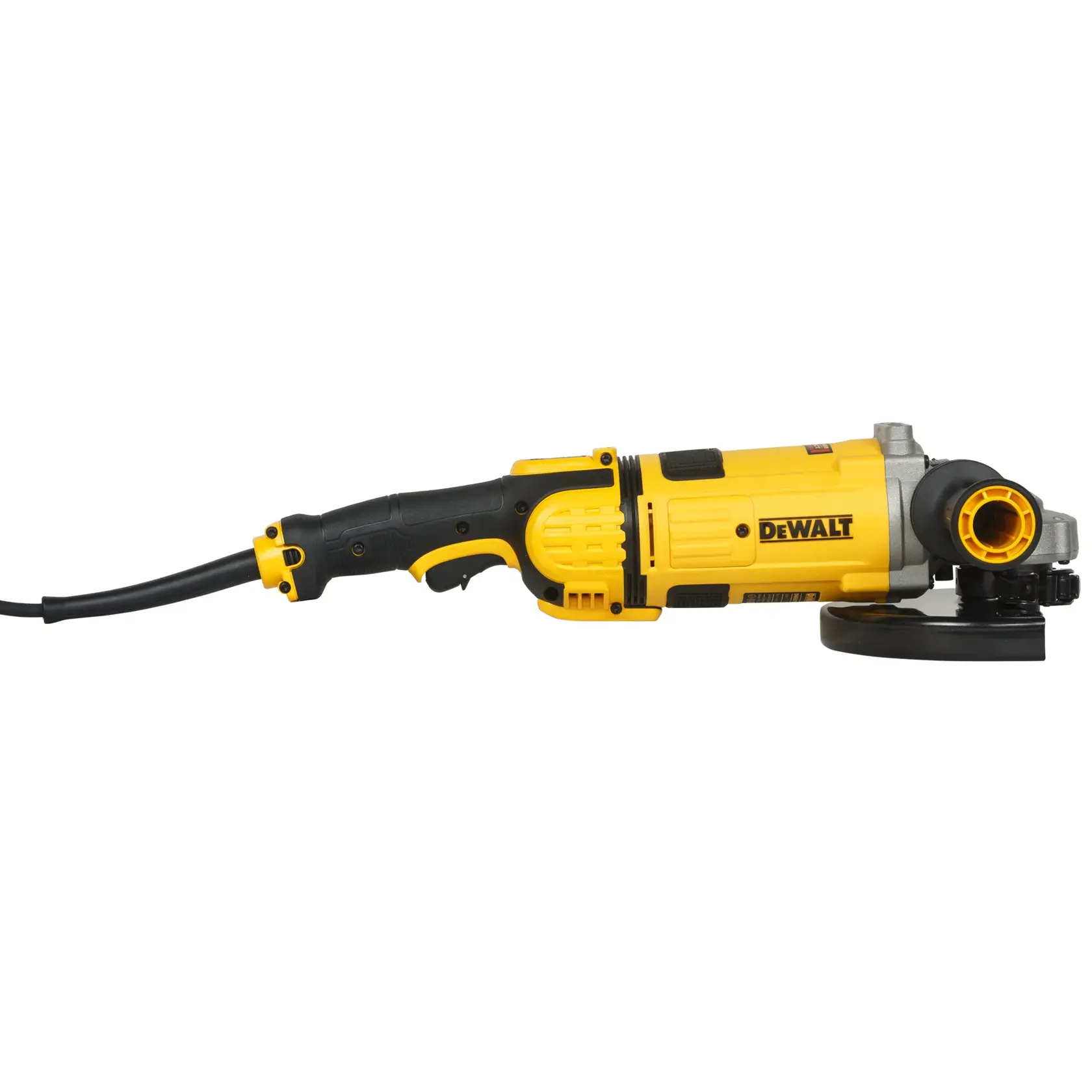 Esmeriladora angular DEWALT amarilla y negra con cable, vista lateral sobre fondo blanco.