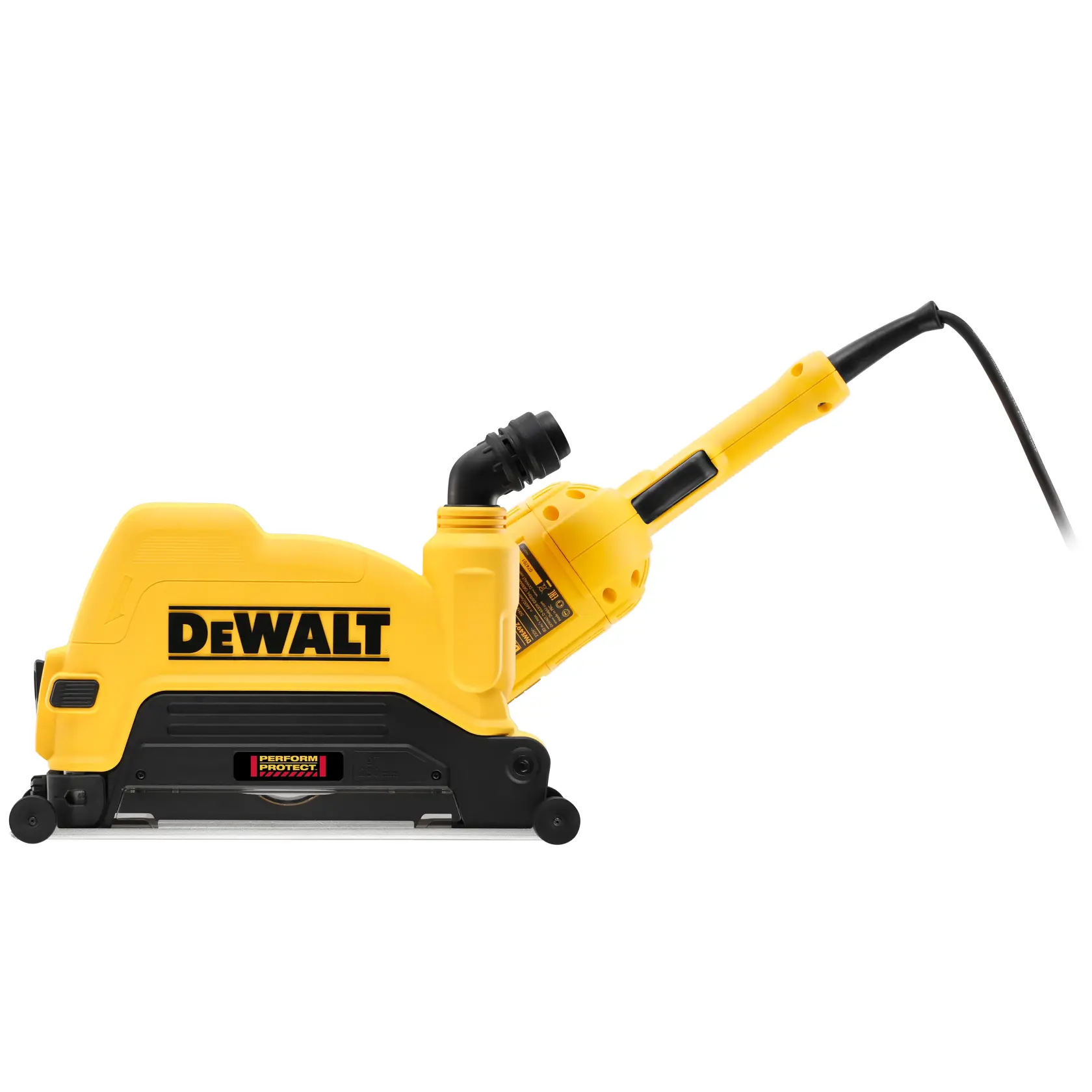 Yellow DEWALT angle grinder with protective casing and power cord, shown on white background.