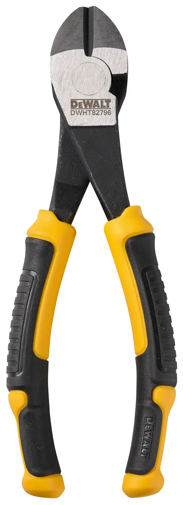 Szczypce boczne DEWALT z czarno-żółtymi ergonomicznymi uchwytami, model DWHT82796-0, na białym tle.