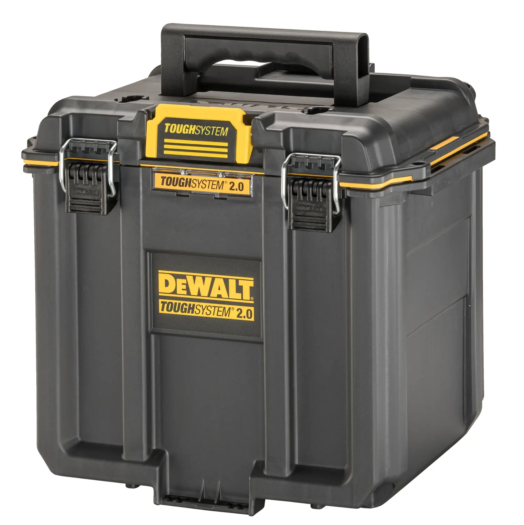 Skrzynka magazynowa DEWALT ToughSystem 2.0 w czarno-żółtym kolorze, posiada solidny uchwyt i bezpieczne metalowe zatrzaski.