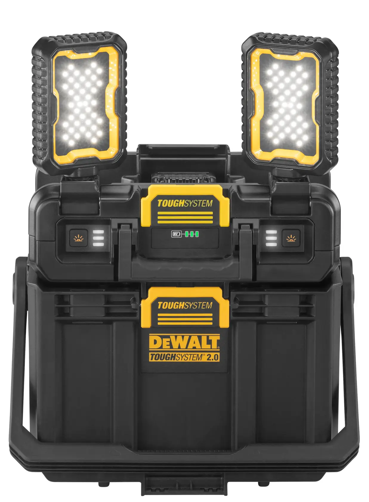 Przenośna skrzynka DEWALT ToughSystem 2.0 z dwoma wbudowanymi lampami roboczymi LED na górze. Skrzynka jest czarna i żółta, zaprojektowana do trwałości i intensywnego użytkowania, wyposażona w mechanizmy blokujące i uchwyty do łatwego przenoszenia.