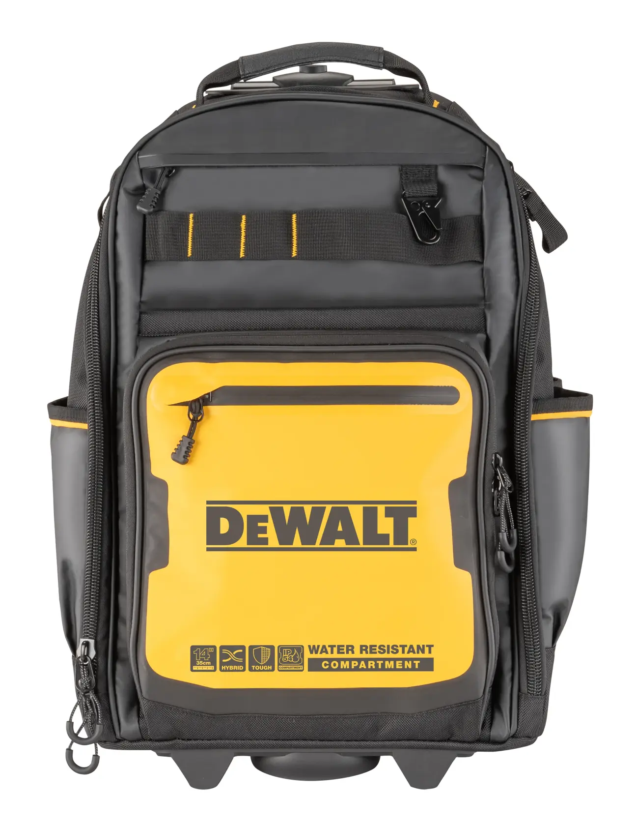 Widok z przodu plecaka DEWALT w czarno-żółtym wzorze. Plecak posiada wodoodporną przegrodę z przodu oraz liczne kieszenie i zamki błyskawiczne. Logo DEWALT jest wyraźnie widoczne.