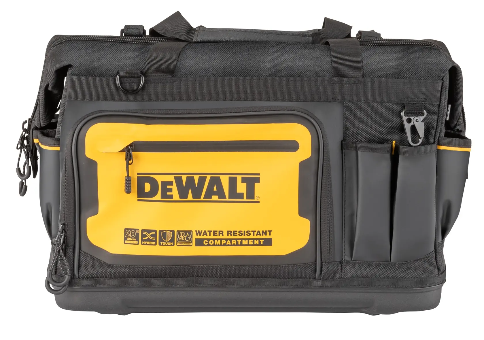 Czarna i żółta torba narzędziowa DEWALT z wieloma zewnętrznymi kieszeniami oraz przednią kieszenią na zamek z napisem 'Water Resistant Compartment'.