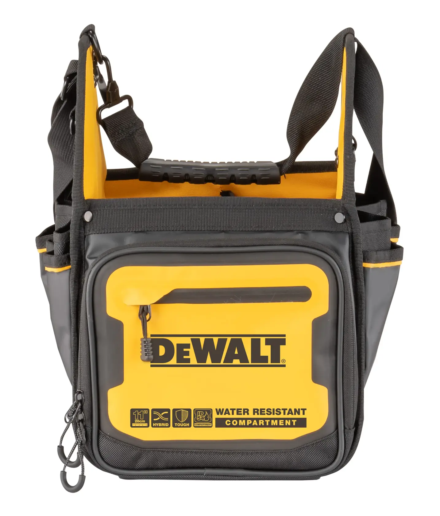 Widok z przodu torby fotograficznej DEWALT DWST60105-1 z wodoodporną komorą, żółto-czarny design, pasek na ramię i wyraźne logo DEWALT.