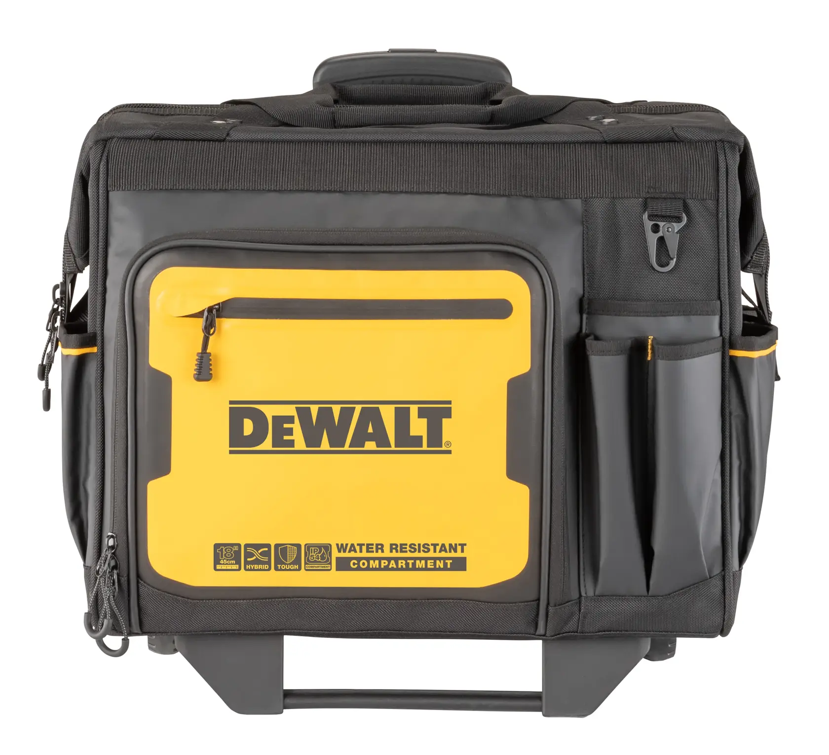 Widok z przodu torby narzędziowej DEWALT w kolorze żółtym i czarnym, z wieloma zewnętrznymi kieszeniami i przegrodami. Przednia kieszeń oznaczona jest napisem 'water resistant compartment' (wodoodporna komora). Torba posiada uchwyt na górze do przenoszenia.